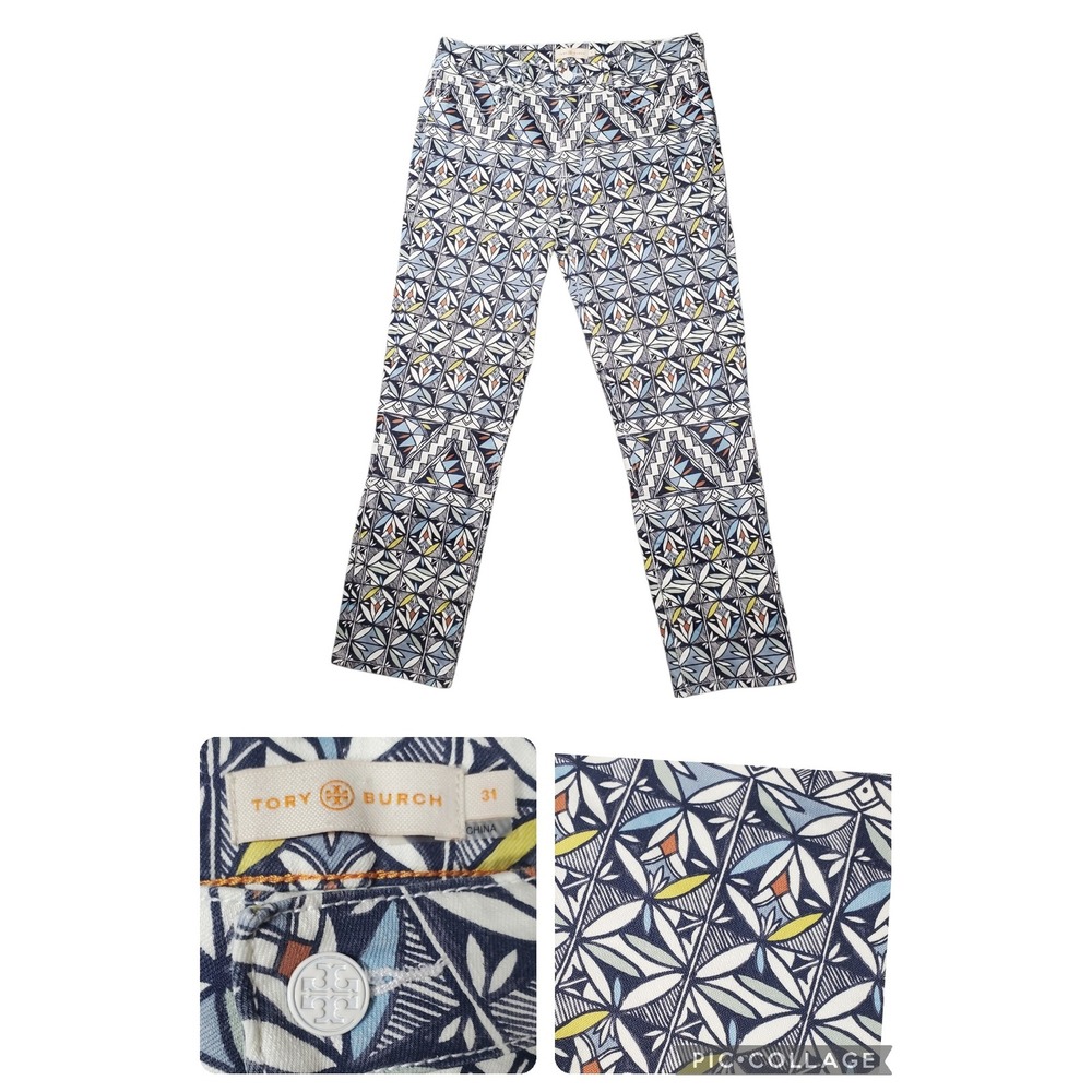 Tory Burch Pants Womens 31" Acoma Print Riviera Blue Printed‎ Crop Jeans Luxury